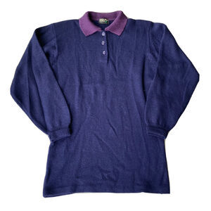 James River Traders Sweater Sz S Navy Blue Collar Wool Vintage Retro 80s Casual